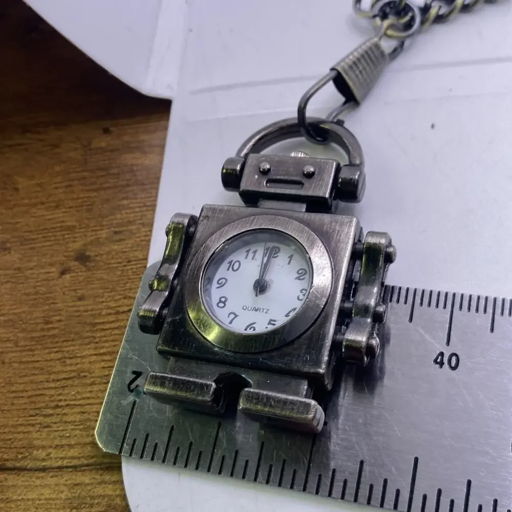Robot Pocket Watch Silver With Chain Works New Battery